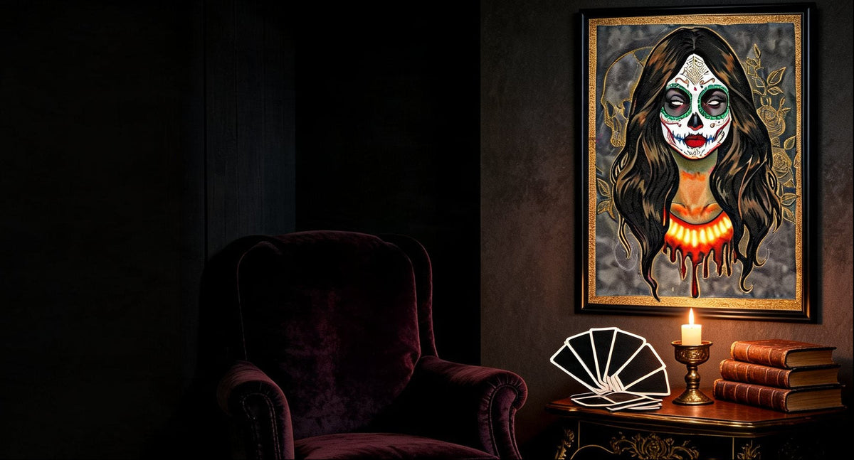 Day of the Dead portrait by Kate Corbell with gold leaf, framed in a dark reading room