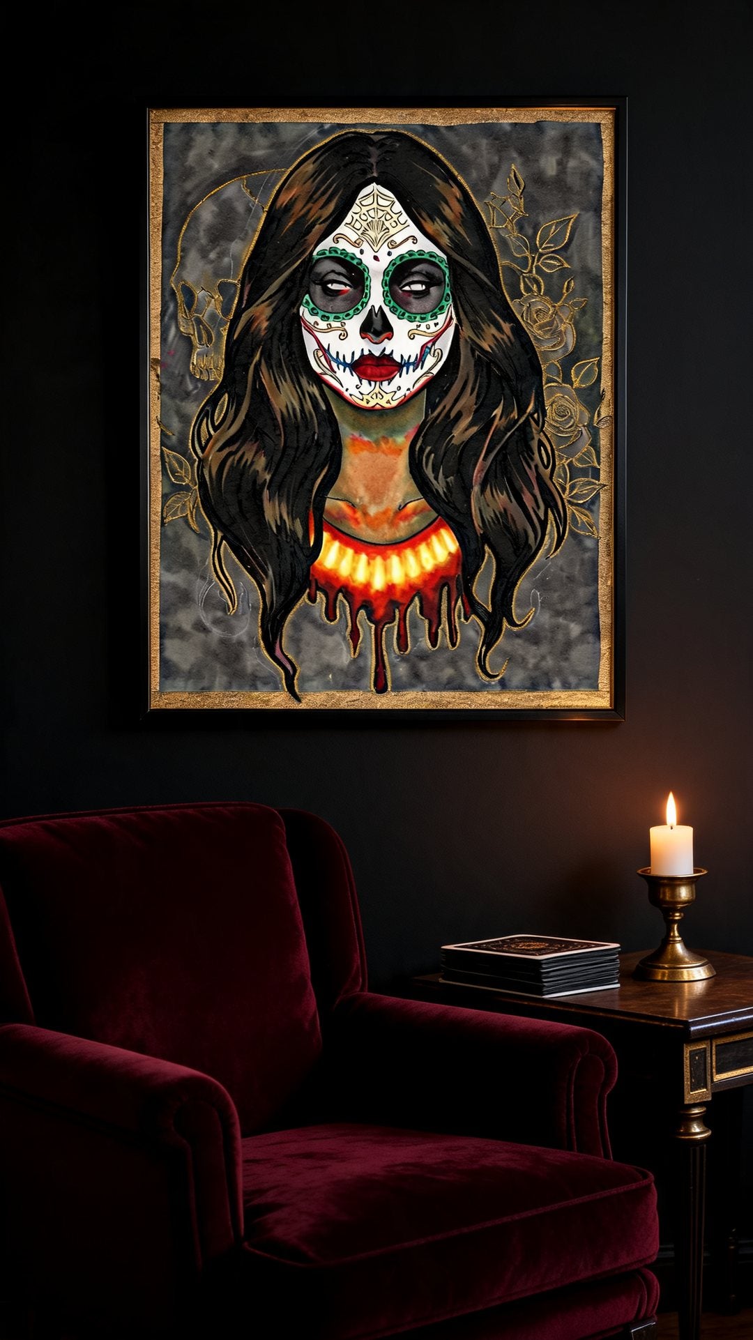 Day of the Dead portrait by Kate Corbell with gold leaf, framed above a velvet armchair