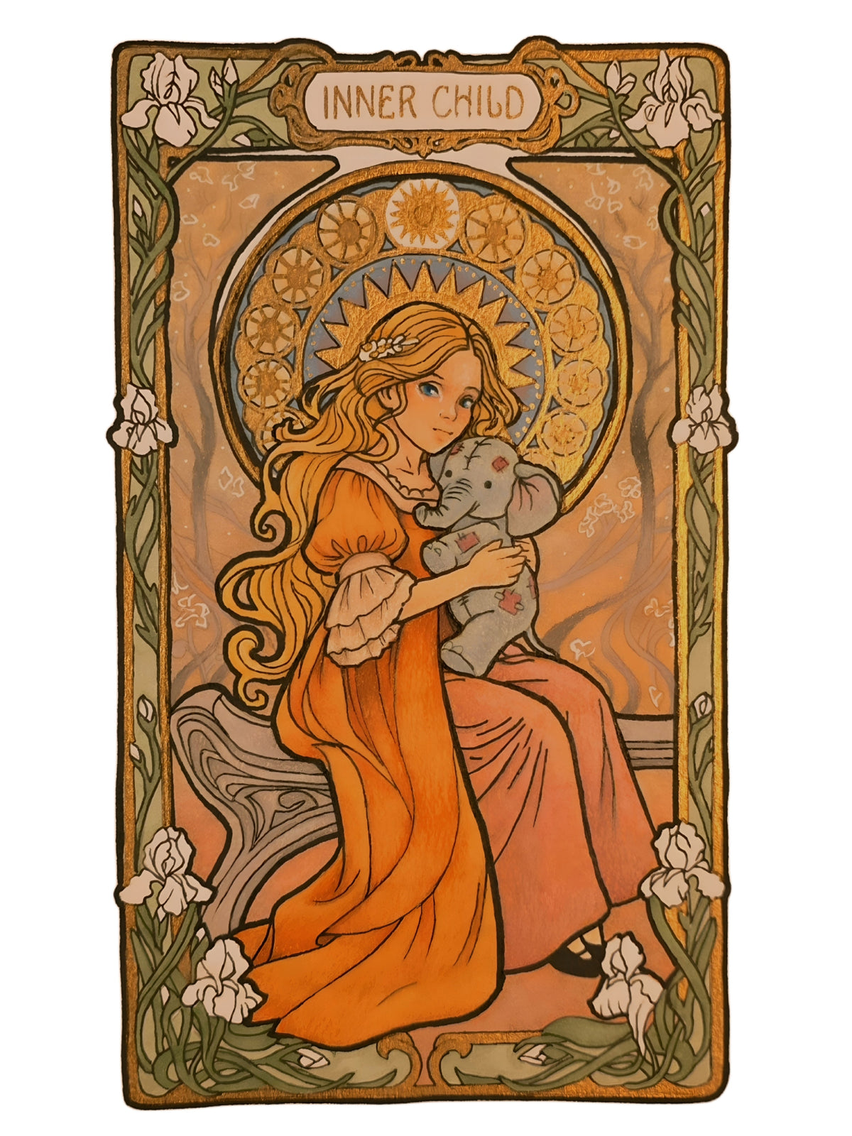 Original Inner Child painting with gold leaf: girl in an orange dress holding a small gray elephant
