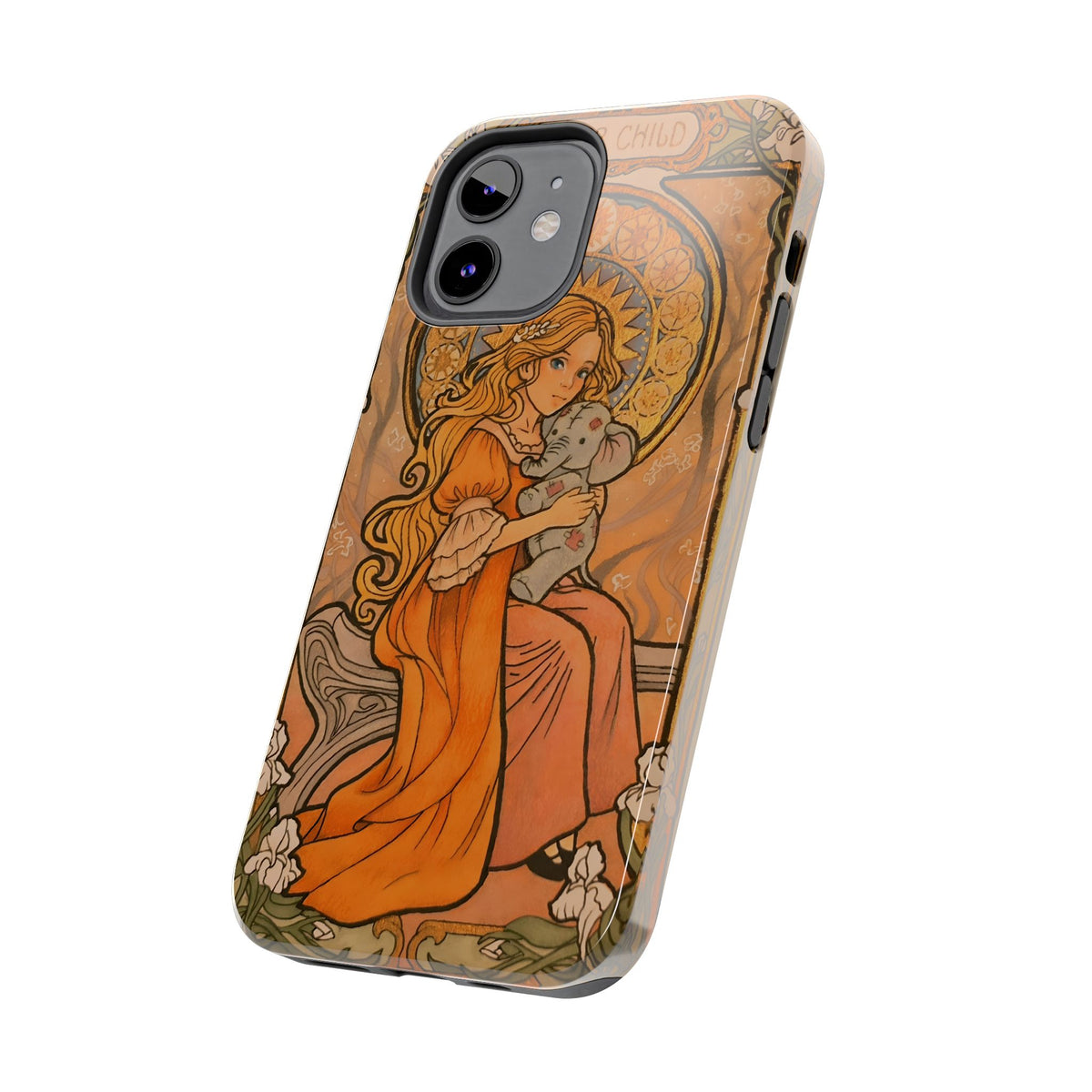 Inner Child tough phone case: girl in an orange dress holding a small gray elephant under a golden halo