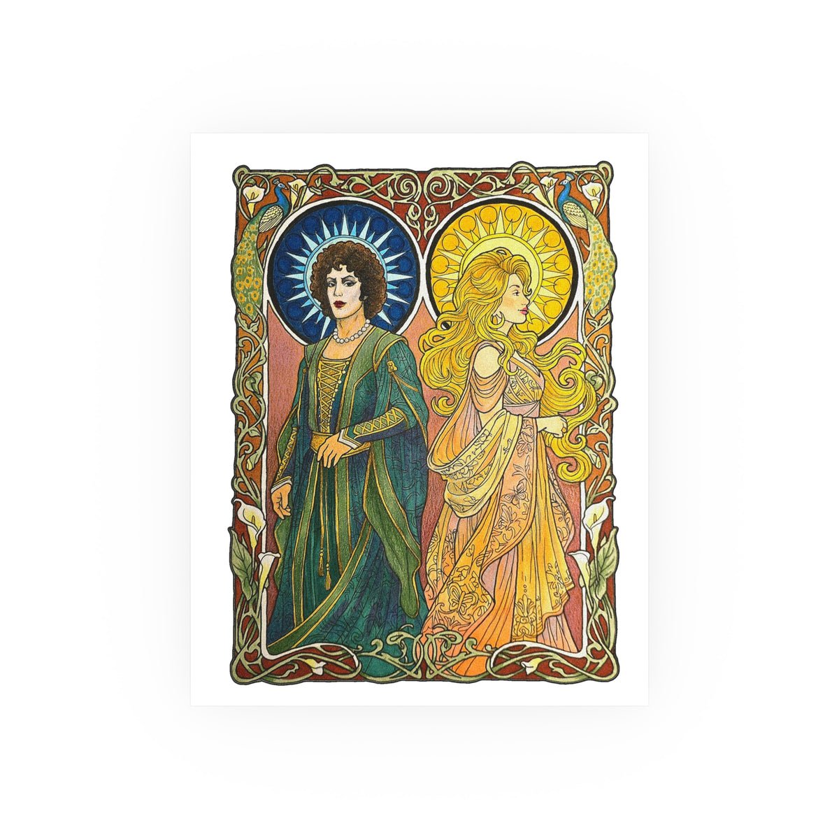 Sun and Moon Saints poster print: two haloed saints in green and gold robes framed by peacocks and lilies