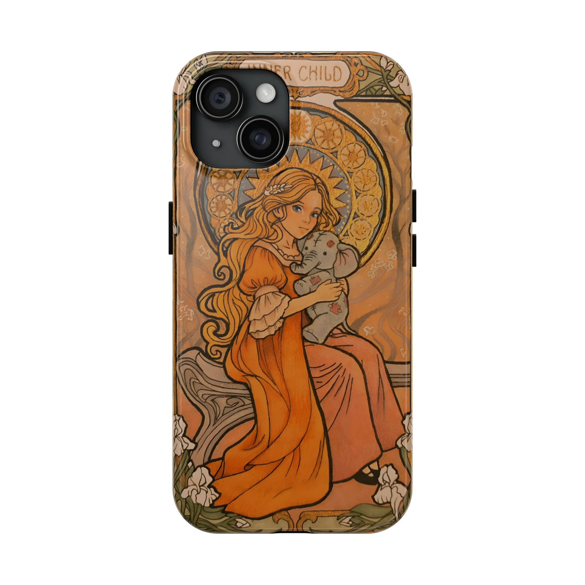 Inner Child tough phone case: girl in an orange dress holding a small gray elephant under a golden halo