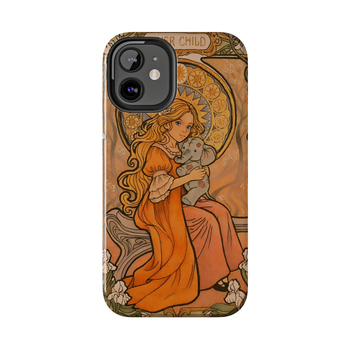 Inner Child tough phone case: girl in an orange dress holding a small gray elephant under a golden halo