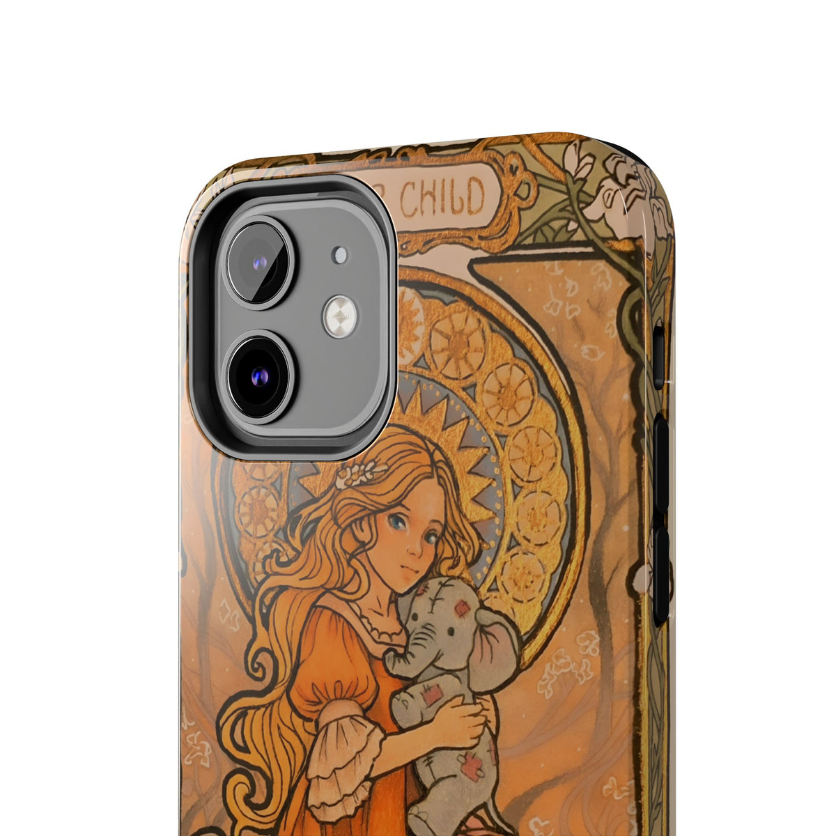 Inner Child tough phone case: girl in an orange dress holding a small gray elephant under a golden halo