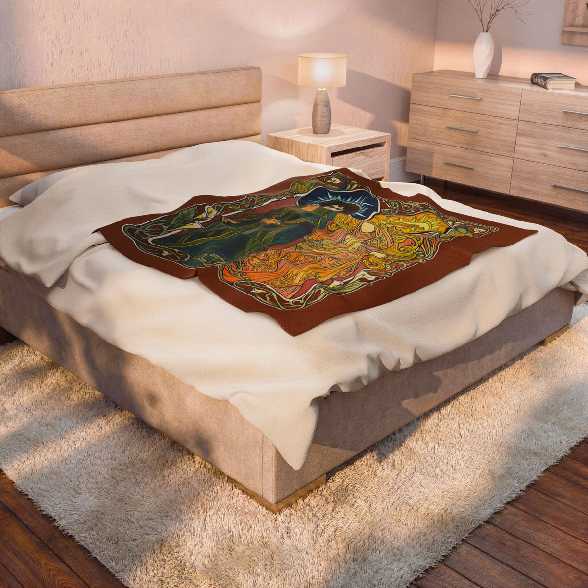 Sun and Moon Saints velveteen throw blanket with two haloed saints in green and gold robes