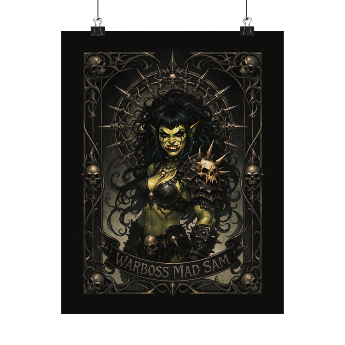 Warboss Mad Sam print: green-skinned orc warrior woman holding a glowing skull in gothic filigree