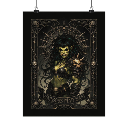 Warboss Mad Sam print: green-skinned orc warrior woman holding a glowing skull in gothic filigree