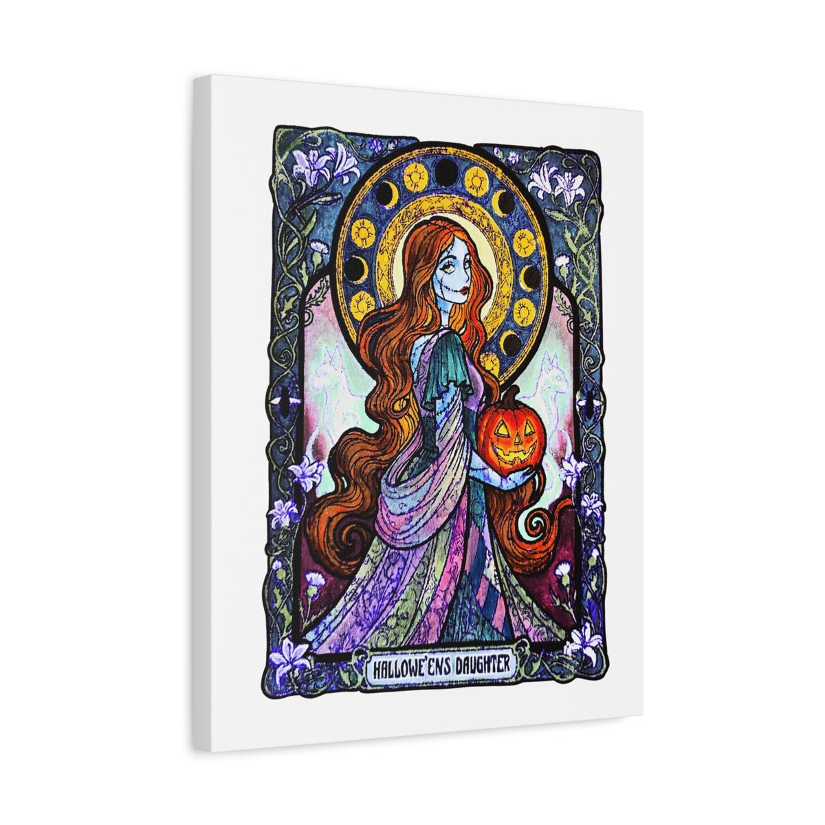 Hallowe'en's Daughter canvas: red-haired stitched ragdoll in a patchwork gown holding a jack-o'-lantern