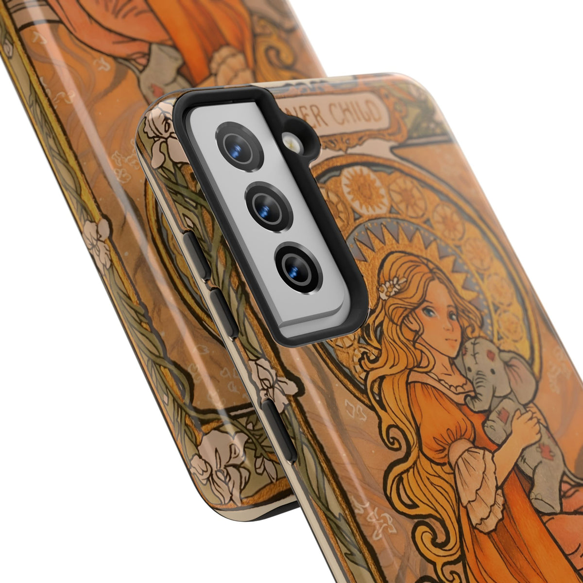Inner Child tough phone case: girl in an orange dress holding a small gray elephant under a golden halo