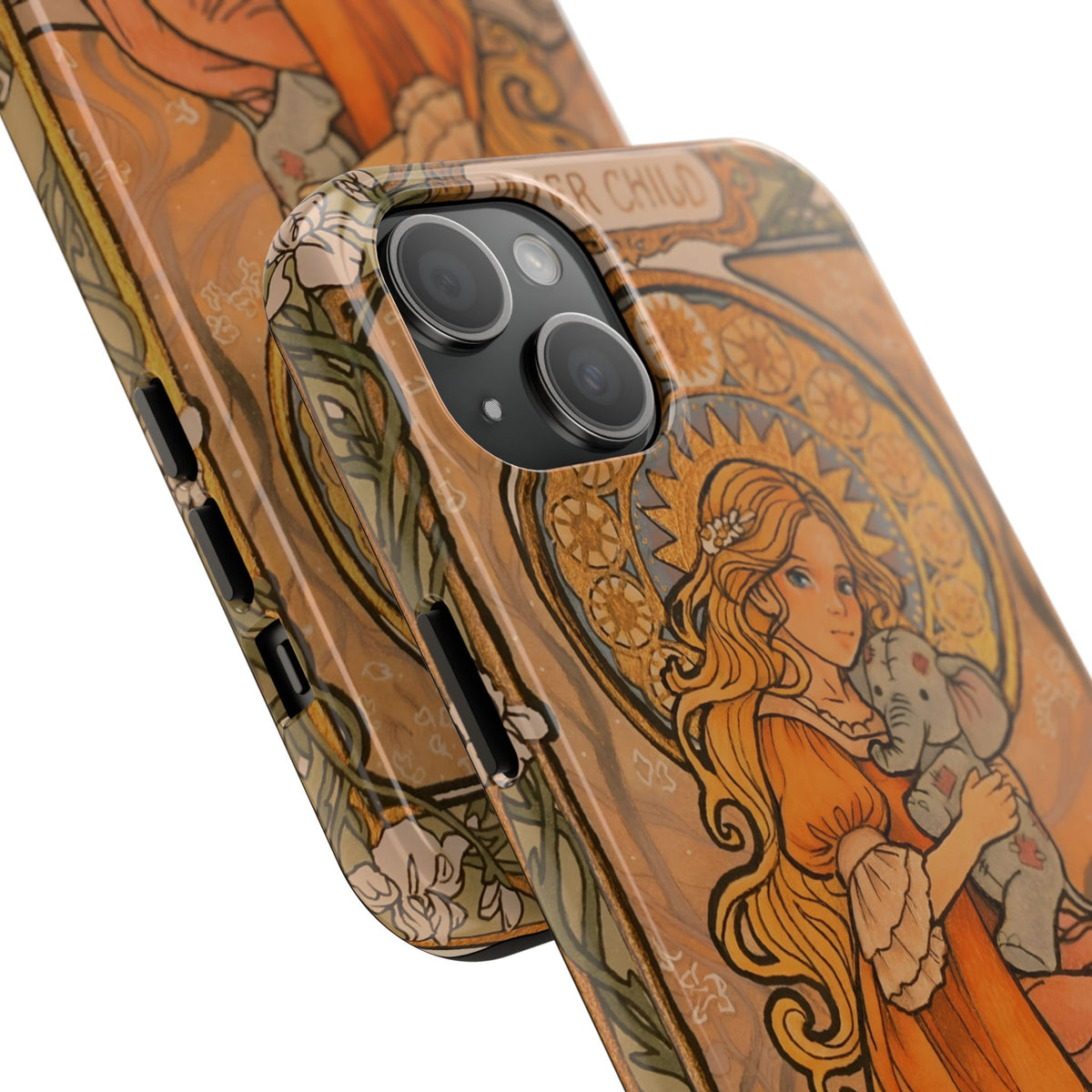 Inner Child tough phone case: girl in an orange dress holding a small gray elephant under a golden halo