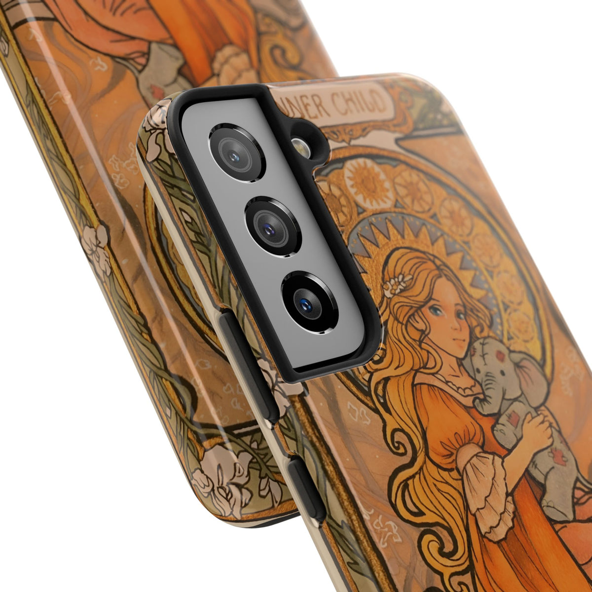 Inner Child tough phone case: girl in an orange dress holding a small gray elephant under a golden halo