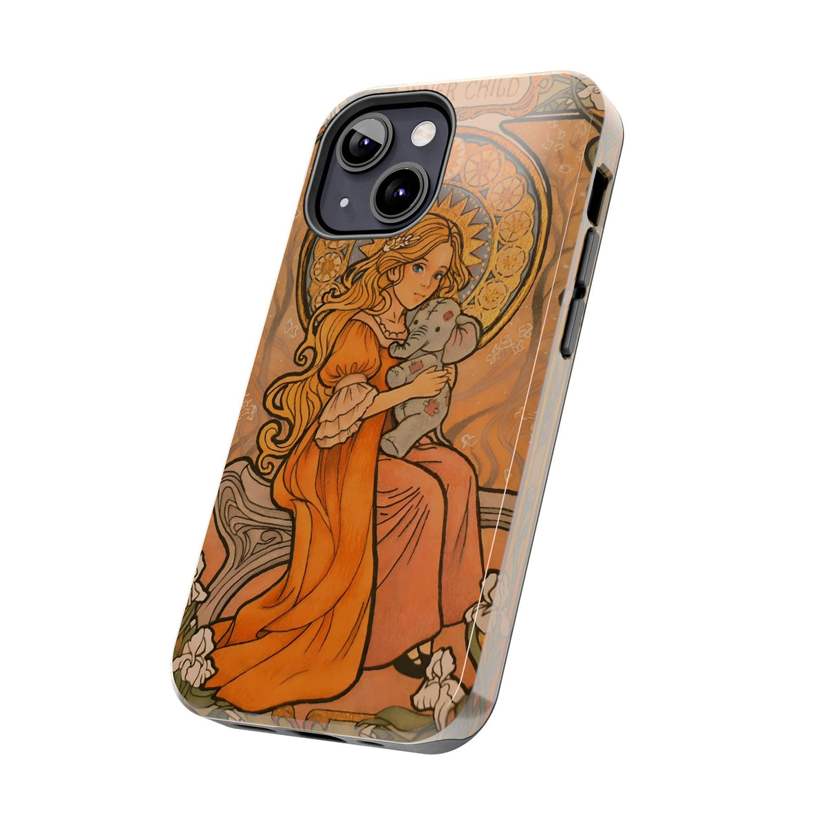 Inner Child tough phone case: girl in an orange dress holding a small gray elephant under a golden halo