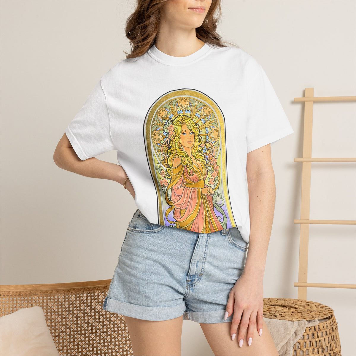 Art Nouveau goddess T-shirt: flower-crowned woman in a pink gown in a stained-glass arch