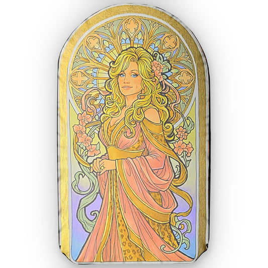 Arched shaped pillow with an Art Nouveau goddess: flower-crowned woman in a pink gown
