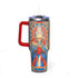 40oz tumbler with King of Swords tarot art: silver-haired figure in a red and blue gown, spiderweb halo