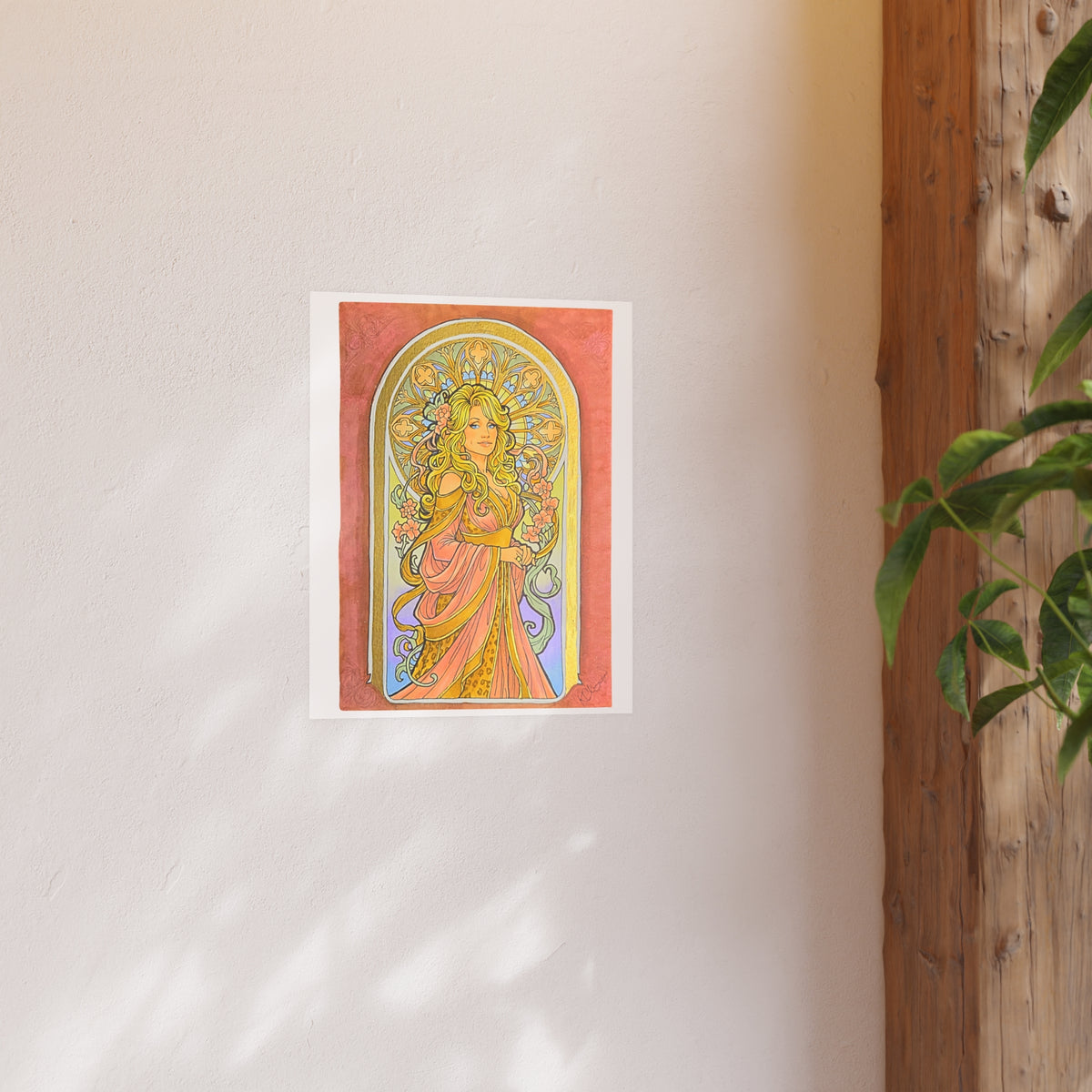 Art Nouveau goddess poster: flower-crowned woman in a pink gown in a peach and gold stained-glass arch