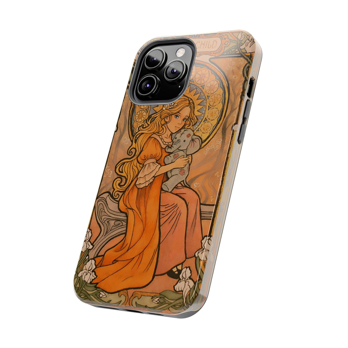 Inner Child tough phone case: girl in an orange dress holding a small gray elephant under a golden halo