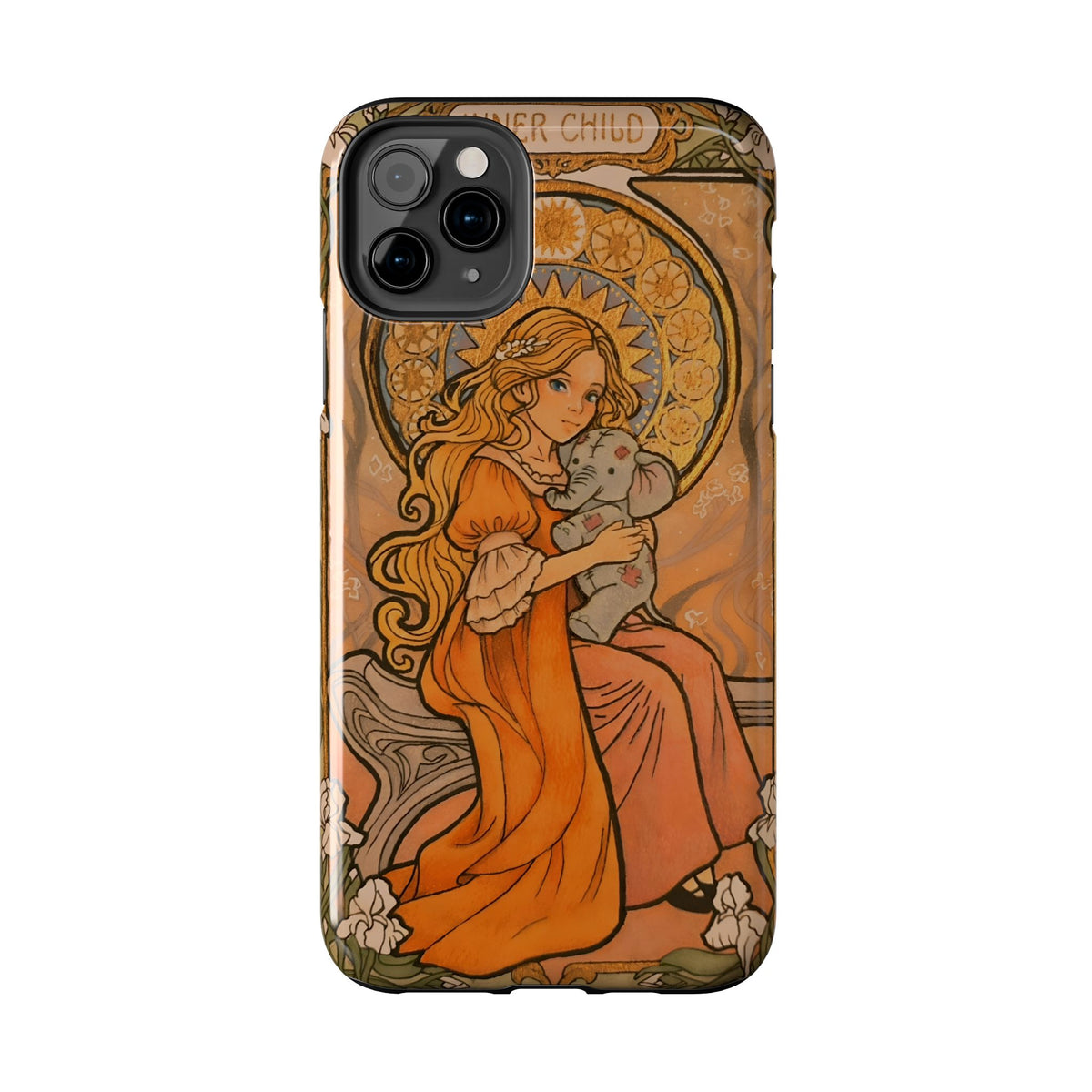 Inner Child tough phone case: girl in an orange dress holding a small gray elephant under a golden halo