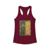 Sun and Moon Saints racerback tank with two haloed saints in green and gold robes