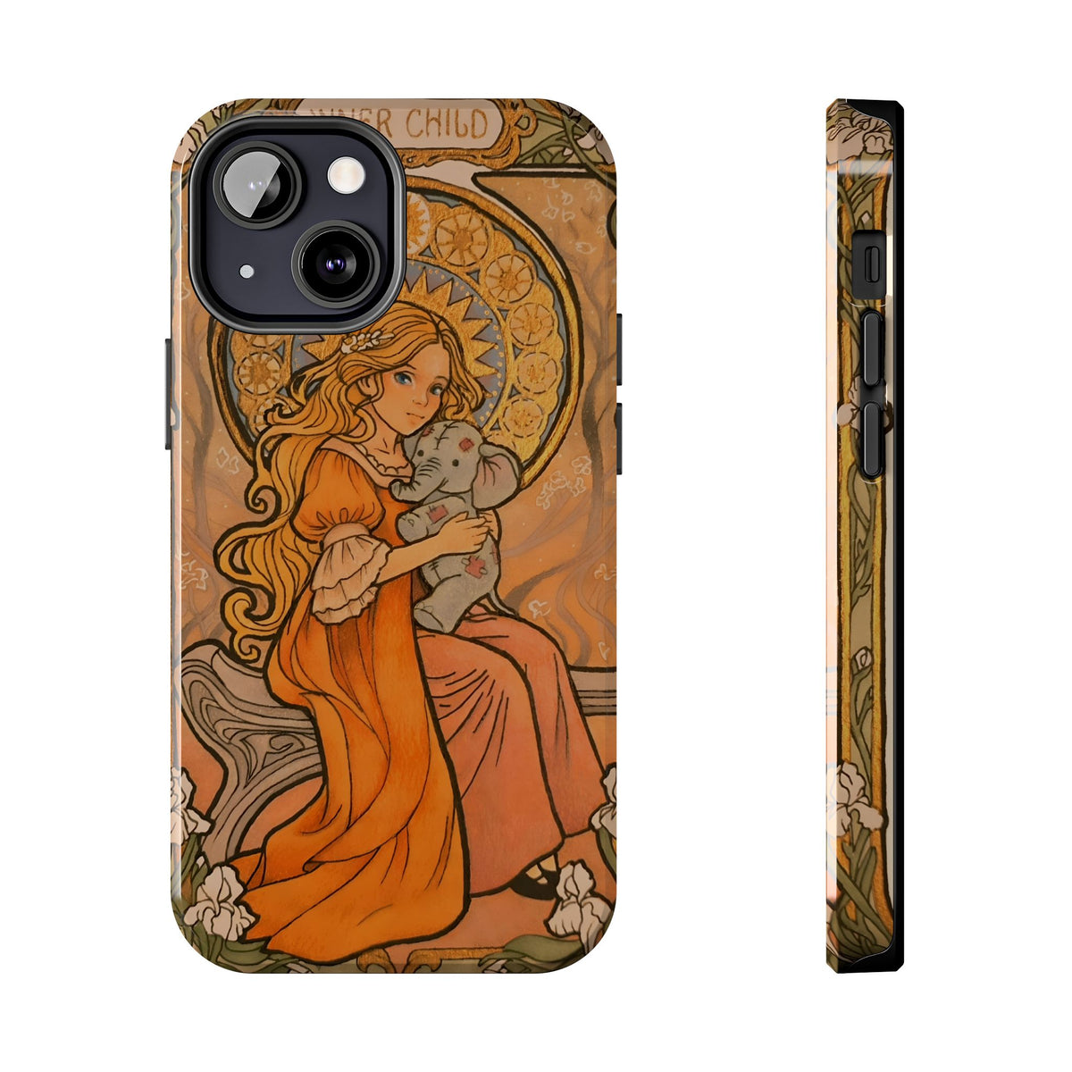 Inner Child tough phone case: girl in an orange dress holding a small gray elephant under a golden halo