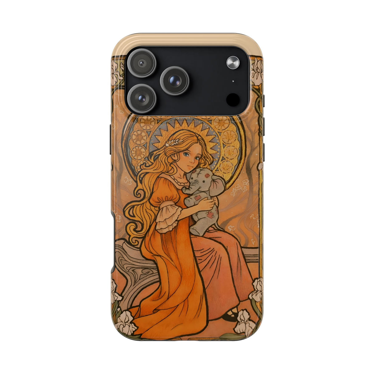 Inner Child tough phone case: girl in an orange dress holding a small gray elephant under a golden halo