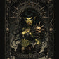 Warboss Mad Sam print: green-skinned orc warrior woman holding a glowing skull in gothic filigree