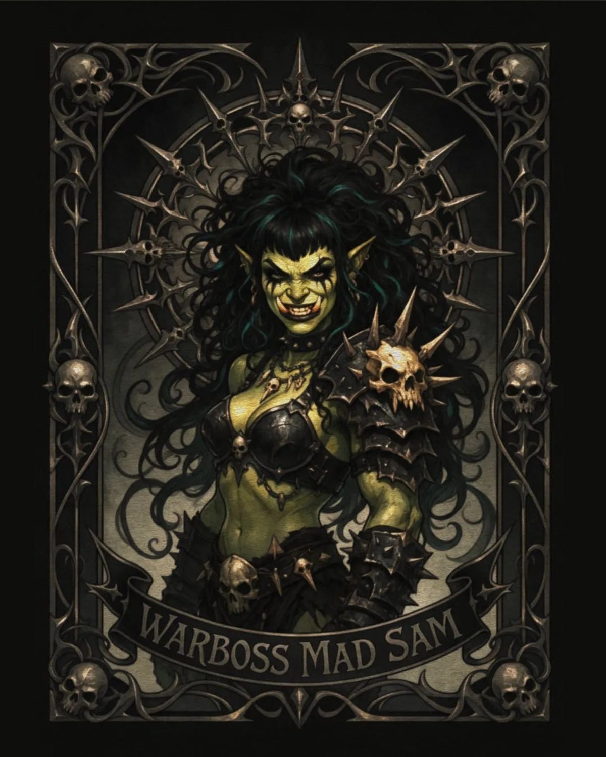 Warboss Mad Sam print: green-skinned orc warrior woman holding a glowing skull in gothic filigree