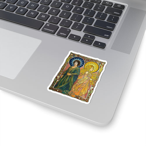 Sun and Moon Saints kiss-cut sticker of two haloed saints in green and gold robes