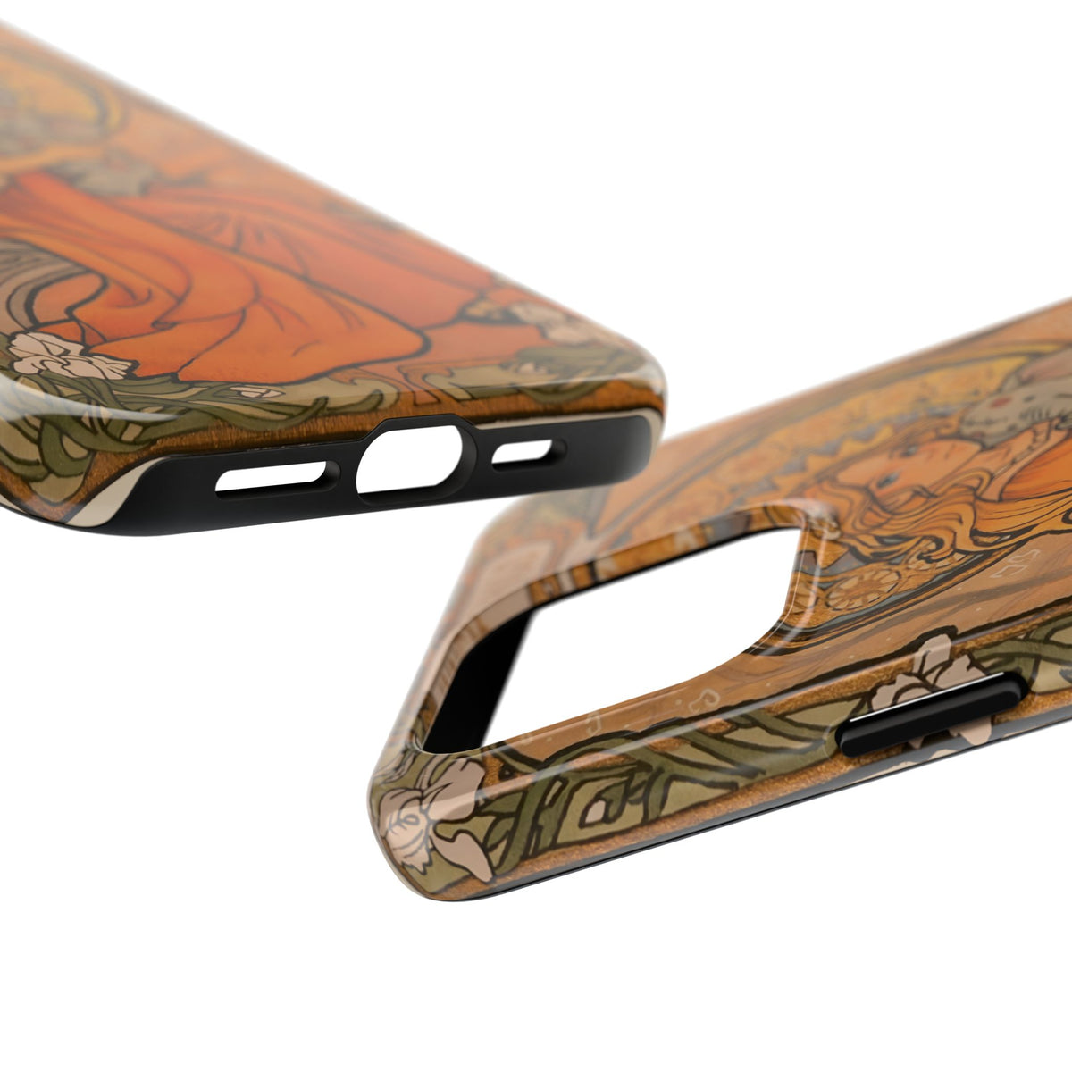 Inner Child tough phone case: girl in an orange dress holding a small gray elephant under a golden halo