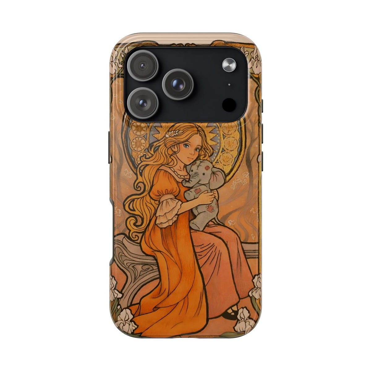 Inner Child tough phone case: girl in an orange dress holding a small gray elephant under a golden halo