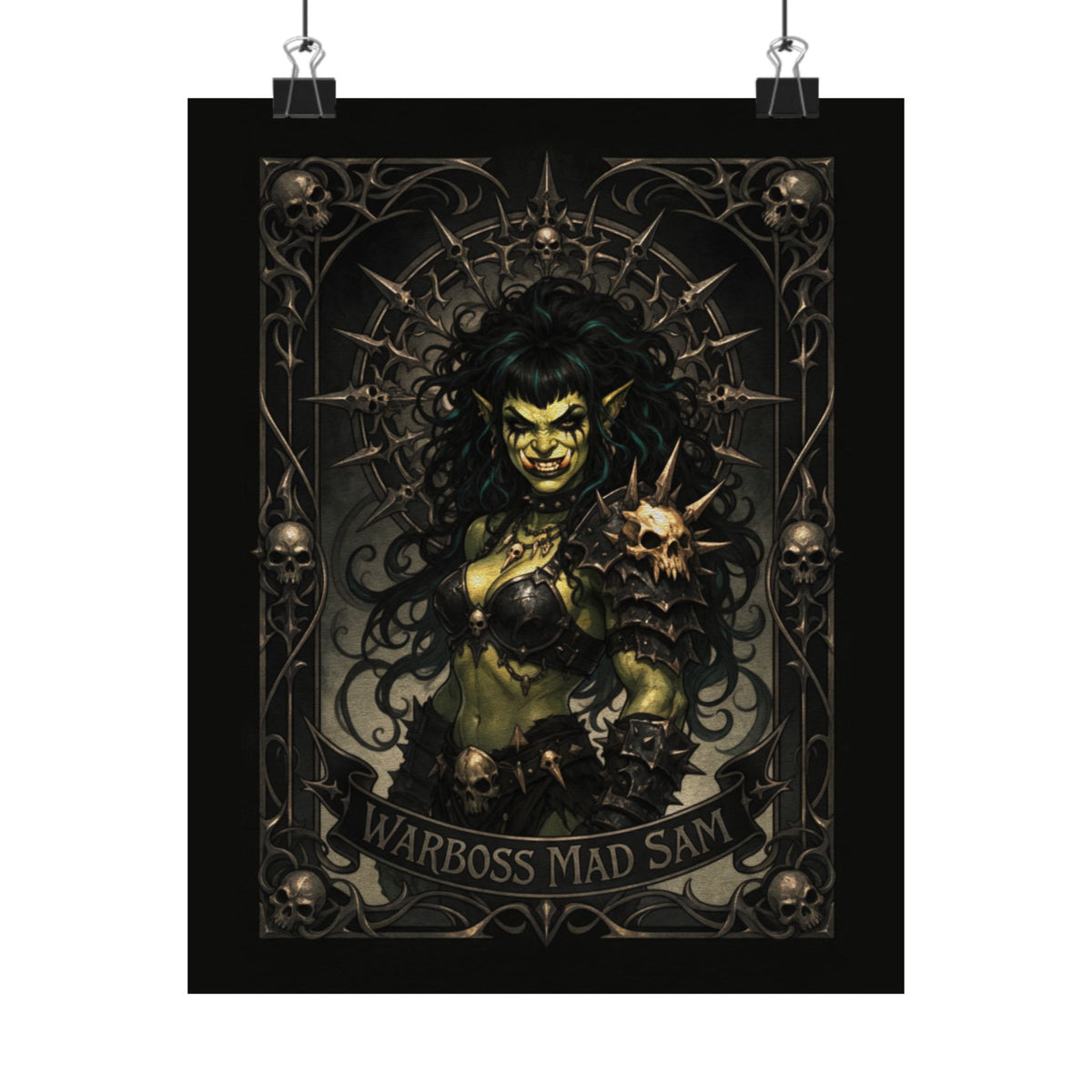 Warboss Mad Sam print: green-skinned orc warrior woman holding a glowing skull in gothic filigree