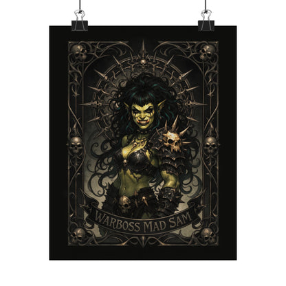 Warboss Mad Sam print: green-skinned orc warrior woman holding a glowing skull in gothic filigree