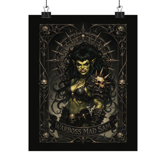 Warboss Mad Sam print: green-skinned orc warrior woman holding a glowing skull in gothic filigree