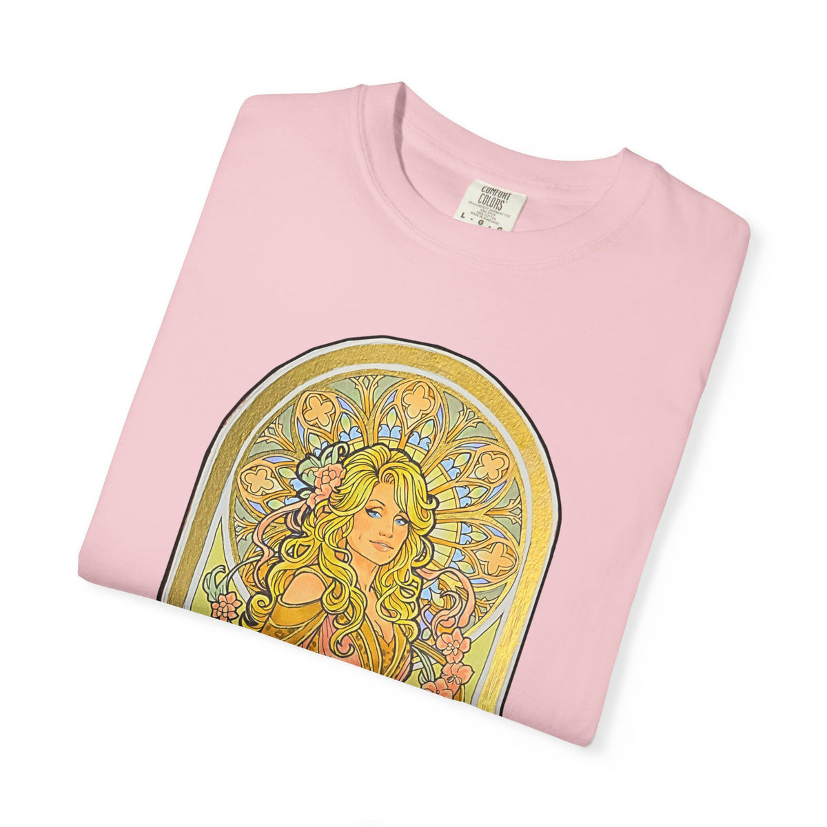Art Nouveau goddess T-shirt: flower-crowned woman in a pink gown in a stained-glass arch
