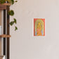 Art Nouveau goddess poster: flower-crowned woman in a pink gown in a peach and gold stained-glass arch
