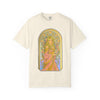 Art Nouveau goddess T-shirt: flower-crowned woman in a pink gown in a stained-glass arch
