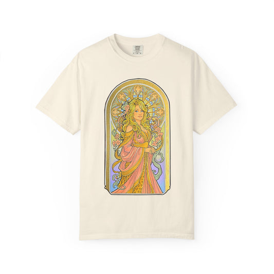 Art Nouveau goddess T-shirt: flower-crowned woman in a pink gown in a stained-glass arch