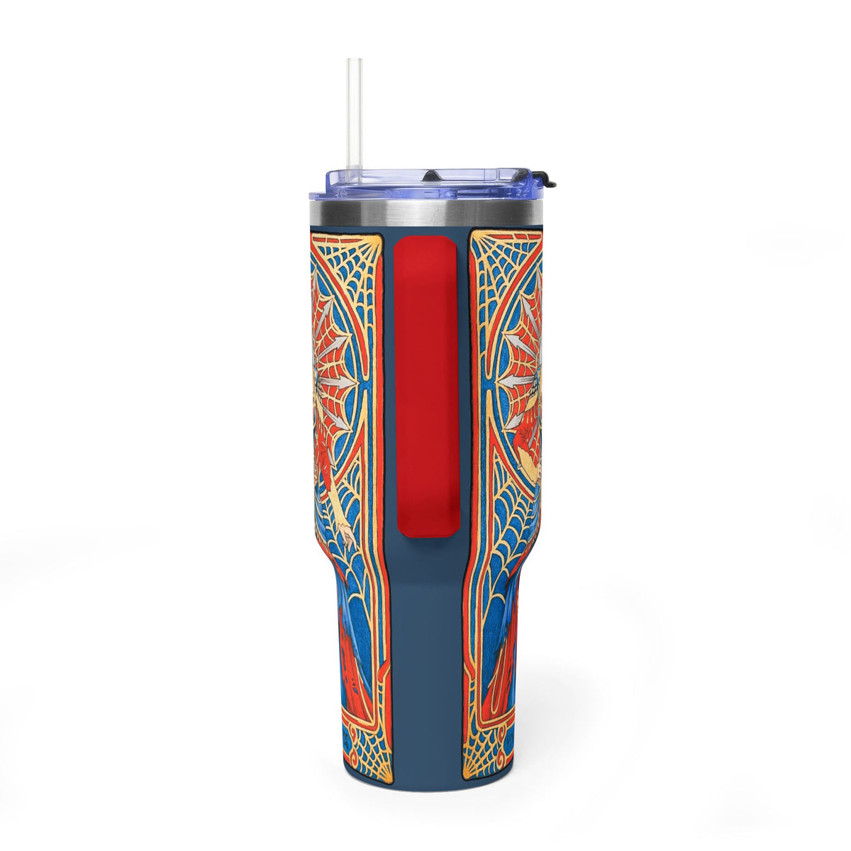 40oz tumbler with King of Swords tarot art: silver-haired figure in a red and blue gown, spiderweb halo