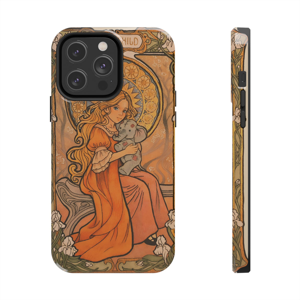 Inner Child tough phone case: girl in an orange dress holding a small gray elephant under a golden halo