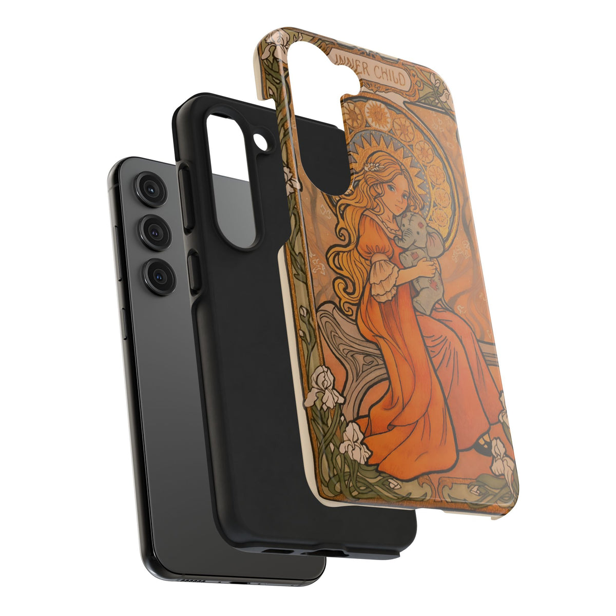 Inner Child tough phone case: girl in an orange dress holding a small gray elephant under a golden halo