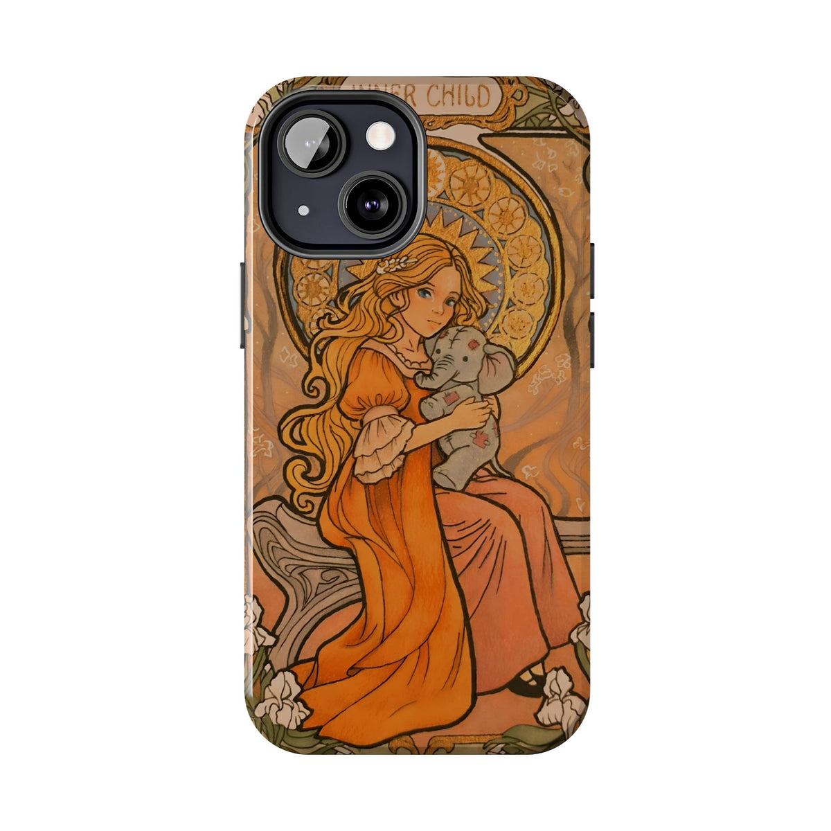 Inner Child tough phone case: girl in an orange dress holding a small gray elephant under a golden halo