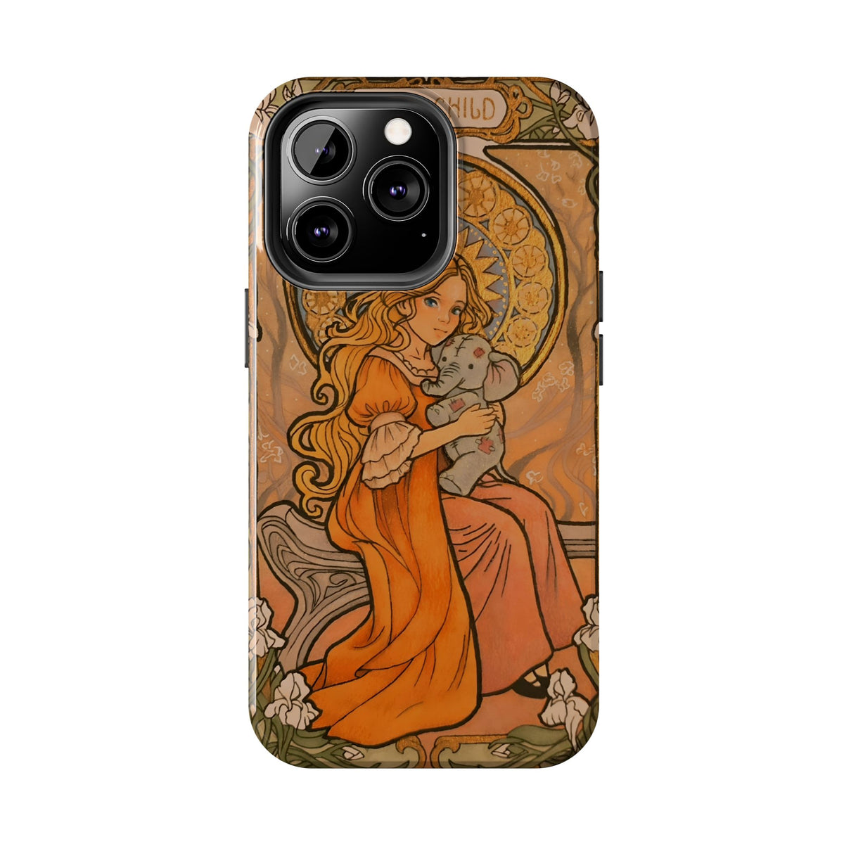 Inner Child tough phone case: girl in an orange dress holding a small gray elephant under a golden halo