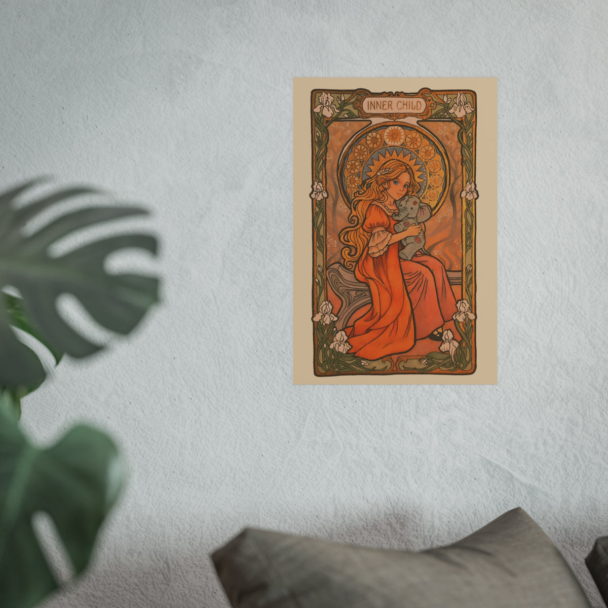 Inner Child poster: girl in an orange dress holding a small gray elephant under a golden halo