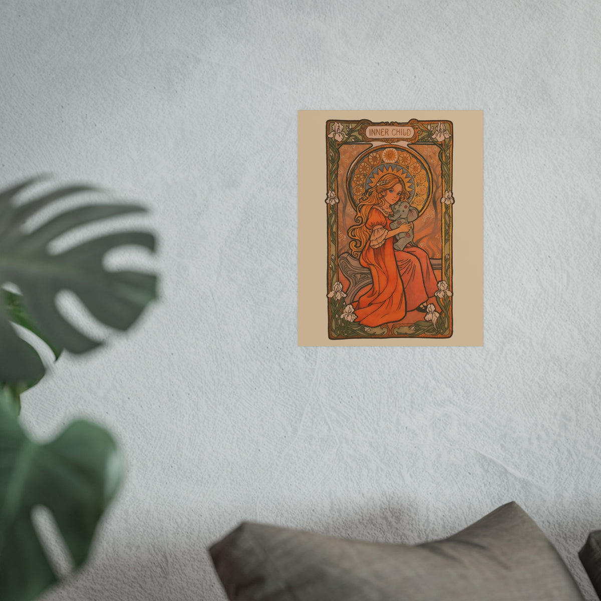 Inner Child poster: girl in an orange dress holding a small gray elephant under a golden halo