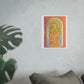 Art Nouveau goddess poster: flower-crowned woman in a pink gown in a peach and gold stained-glass arch
