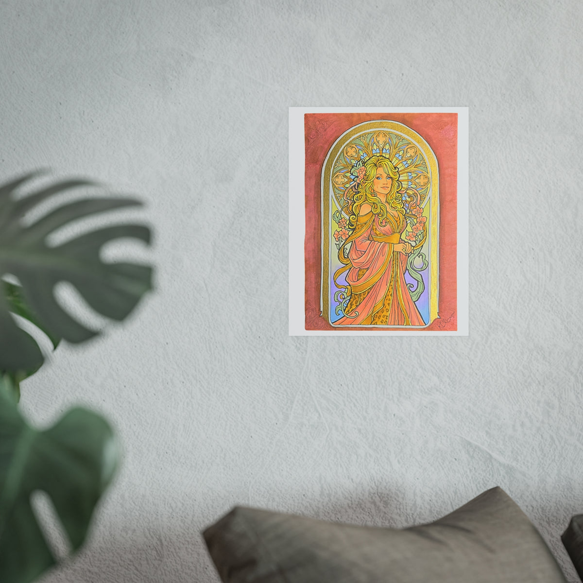 Art Nouveau goddess poster: flower-crowned woman in a pink gown in a peach and gold stained-glass arch