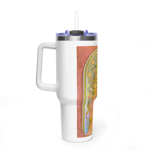 Art Nouveau goddess 40oz tumbler: flower-crowned woman in a pink gown in a stained-glass arch