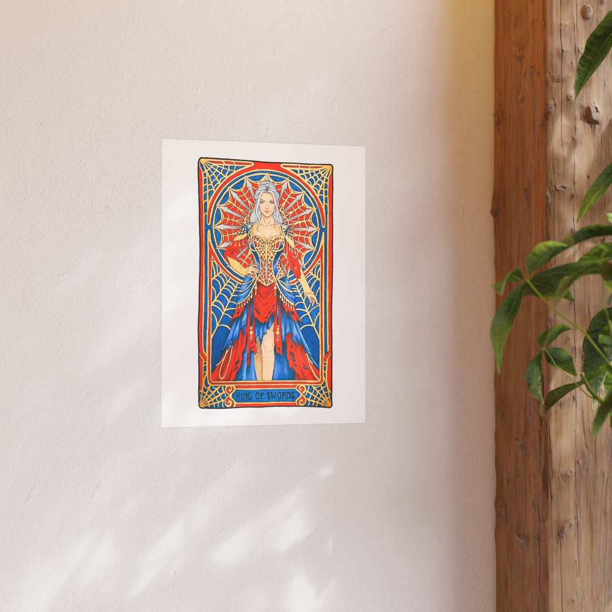 King of Swords tarot poster: silver-haired figure in a red and blue gown with a spiderweb halo