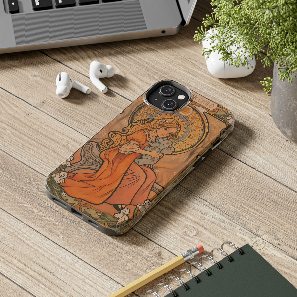 Inner Child tough phone case: girl in an orange dress holding a small gray elephant under a golden halo