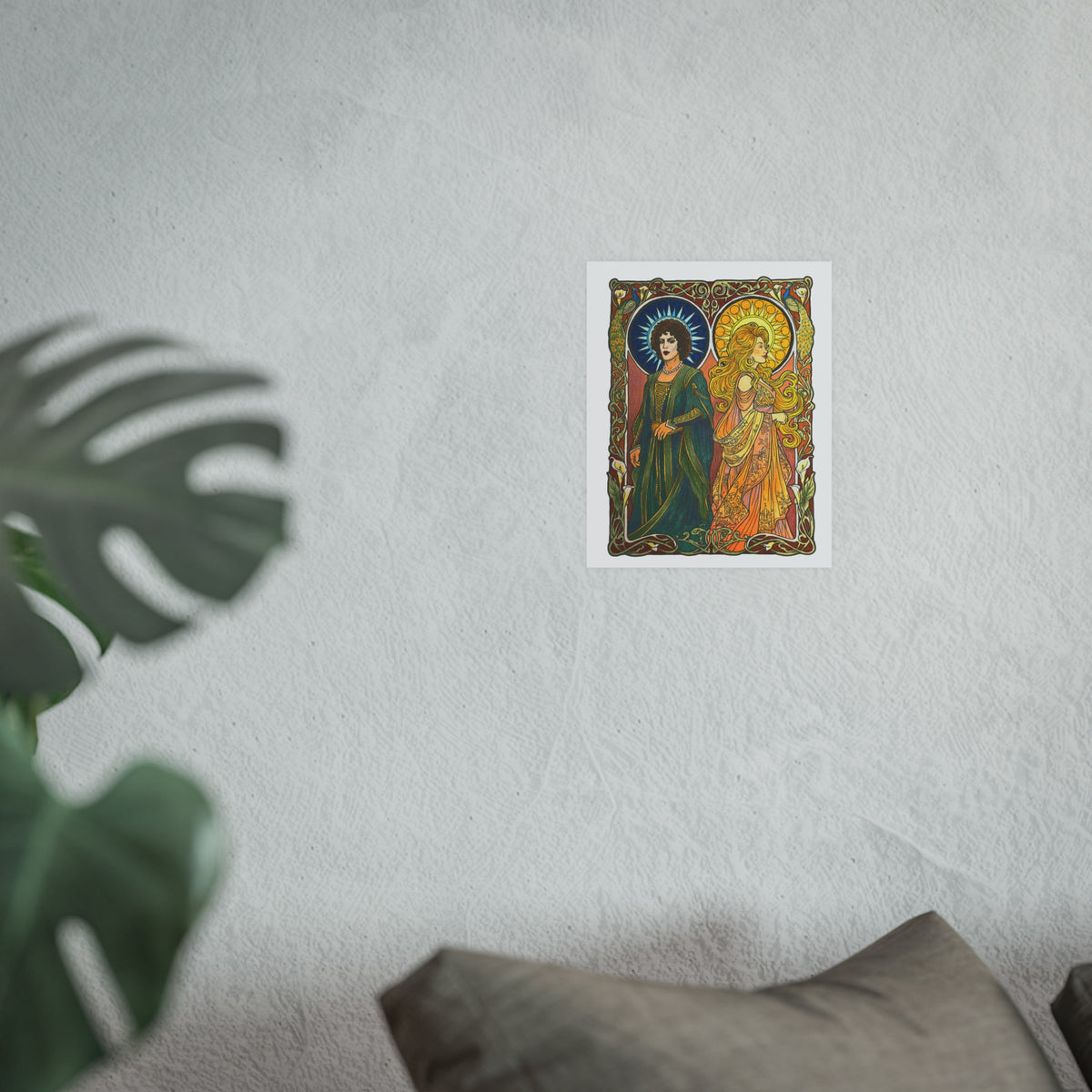Sun and Moon Saints poster print: two haloed saints in green and gold robes framed by peacocks and lilies